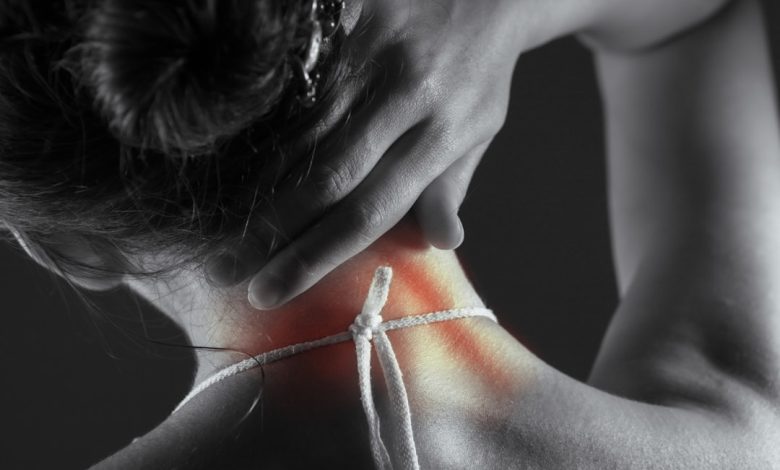Woman's neck with highlighted pain area.