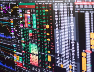 Detailed financial trading screen with colorful charts and data representing market fluctuations.