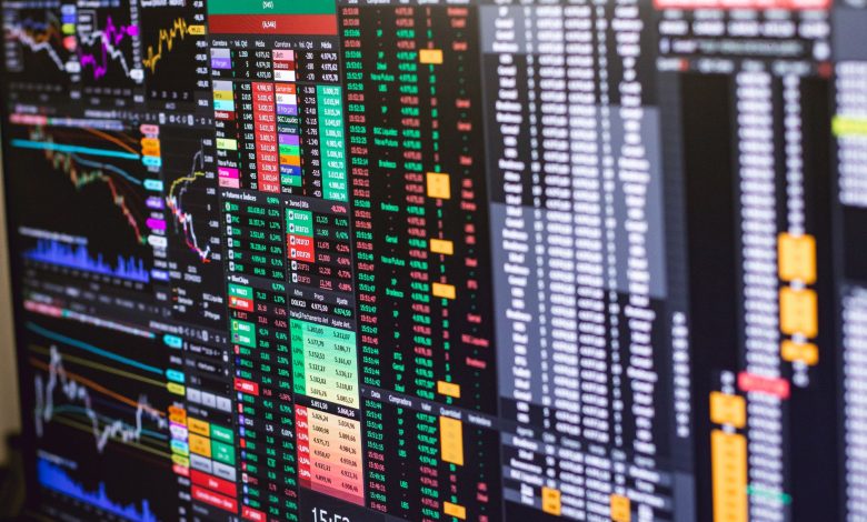 Detailed financial trading screen with colorful charts and data representing market fluctuations.