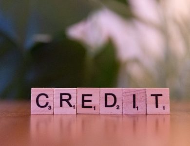 Close-up of wooden blocks spelling 'credit' with a blurred leafy background.