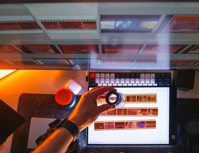 Top view of film negatives being reviewed with a magnifying glass on a light table in a photography darkroom.