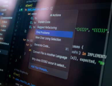 Detailed view of a computer screen displaying code with a menu of AI actions, illustrating modern software development.