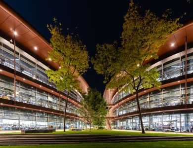 Illuminated view of the James H. Clark Center at Stanford University captured at night.