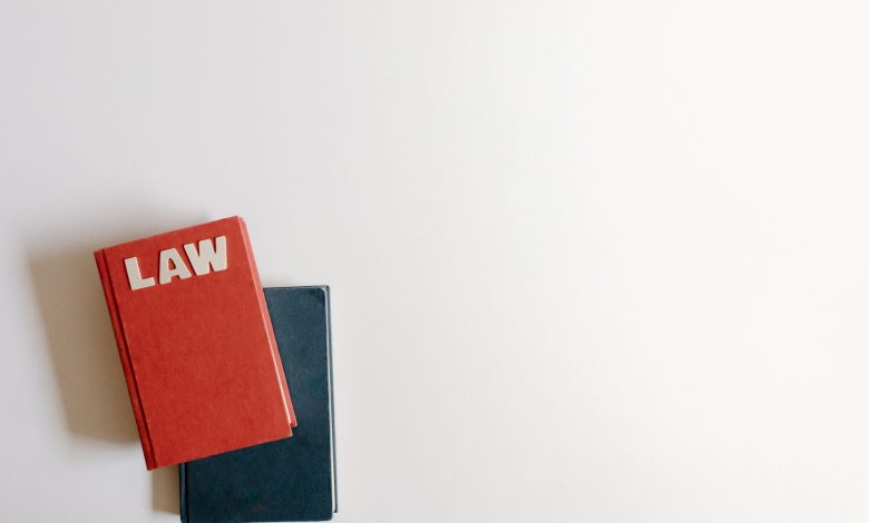 Flat lay of a red law book and a blue book on a white background, perfect for legal themes.